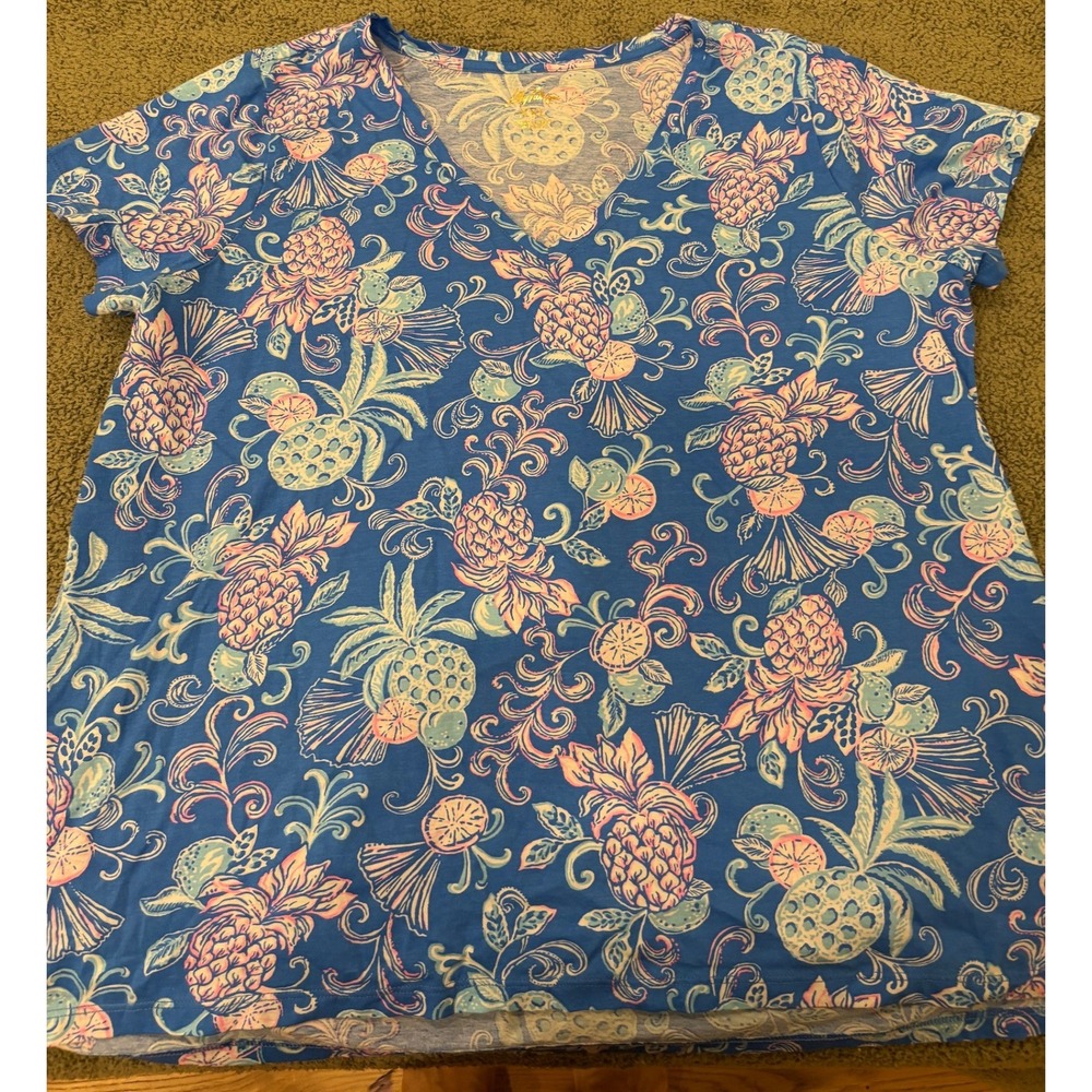 NWOT Lilly Pulitzer Etta V-Neck T-Shirt XXL cotton Pineapple Citrus vacation